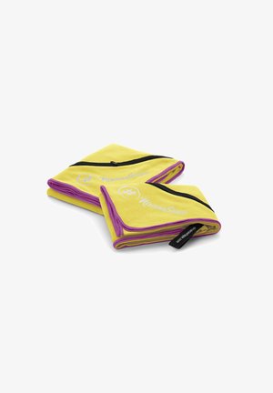 Yellow microfiber towel with purple trim and zipper pocket; features logo design. Folded and stacked for compact storage. Smooth texture.