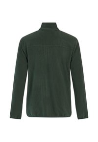 Donkergroene fleecjacket met lange mouwen, gezien vanaf de achterkant, met een rechtopstaande kraag en een elastische onderrand en manchet.