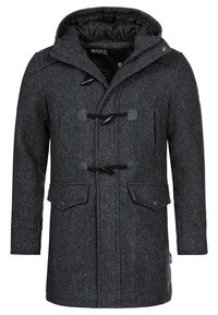 Grau melierter Wollmischmantel mit Kapuze, ausgestattet mit Knebelverschlüssen, zwei vorderen Taschen und einer strukturierten Oberfläche. Gefüttertes Innenleben für zusätzliche Wärme.