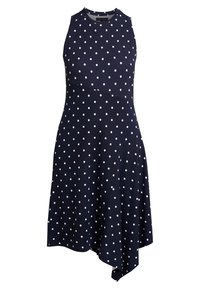Námořnické modré šaty bez rukávů s bílými puntíky, asymetrickým lemem a vypasovaným živůtkem s diagonálními švy.