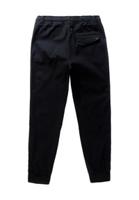 Pantaloni jogging neri con vita elastica, caviglie a costine e una tasca posteriore con sottili dettagli di cucitura. Tessuto liscio e resistente.