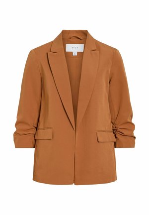 Blazer marron pour femme avec revers crantés, manches trois-quarts froncées et deux poches à rabat à l'avant, étiquette "VILA" à l'intérieur du col.