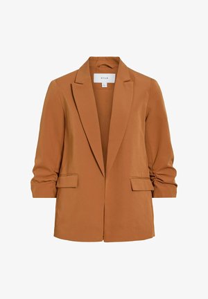 Smeđi ženski blejzer s reverima s prorezom, naboranim rukavima tri četvrtine i dva prednja džepa s preklopom, s oznakom "VILA" na unutarnjoj strani ovratnika.