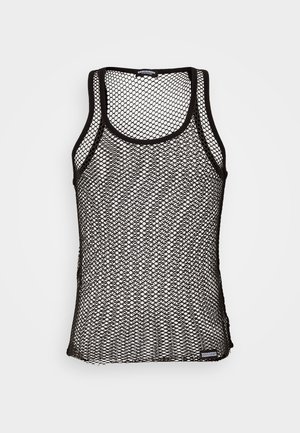 Débardeur en mesh noir avec un col rond et de larges emmanchures, présentant un grand motif en losange et une petite étiquette avec logo sur le côté.