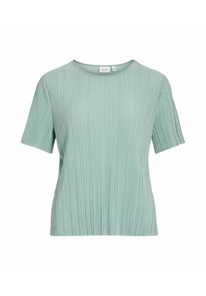 Blouse vert clair à manches courtes avec texture côtelée verticale et encolure ronde.