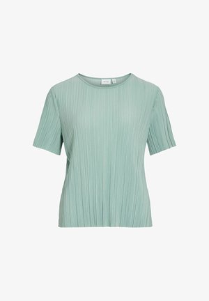Lys grønn bluse med korte ermer, vertikal ribbestruktur og rund hals.