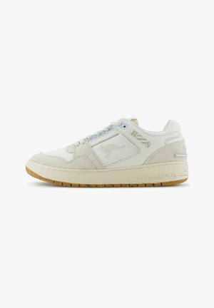 White sneaker with suede and leather materials, a light blue accent, and a gum outsole. Features a logo on the side and perforated detailing.