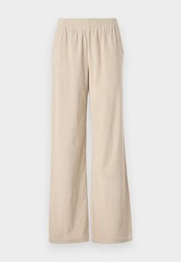 Pantaloni a gamba ampia in corduroy beige con vita elastica e texture a righe verticali, caratterizzati da un orlo che si allarga delicatamente verso il fondo.