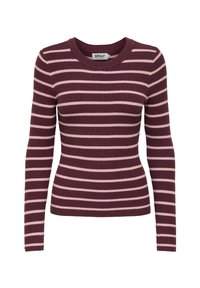 Pull à rayures bordeaux et rose à manches longues, avec une texture côtelée et un col rond. Présente des rayures horizontales sur le corps.