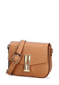 Borsa a tracolla in pelle marrone con una finitura testurizzata, patta piatta, dettagli in oro e tracolla regolabile. Forma rettangolare compatta.