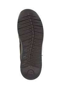 Gummisohle mit einer strukturierten Oberfläche, ausgestattet mit tiefen Rillen für besseren Halt. Dunkle Farbe mit einem gemusterten Design für Griff und Flexibilität.