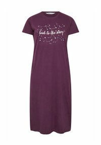 Lila bomullsnattlinne med korta ärmar, med en grafik av en stjärnkonstellation och texten "titta mot stjärnorna" i vitt.