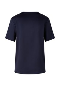 Dunkelblaues T-Shirt mit kurzen Ärmeln aus glattem Stoff, klassischem Kragen und einem schlichten, ungeschmückten Rückendesign.