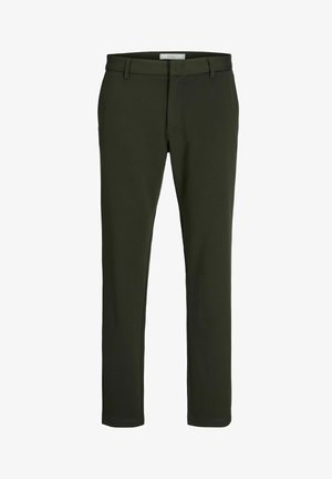 Olive green pants made of soft, stretchy fabric; fitted design with a flat front, belt loops, and subtle stitching details.