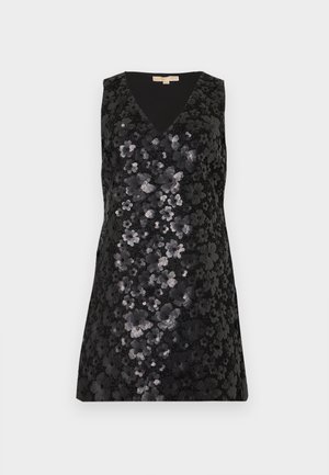 Robe noire sans manches à col en V avec dentelle florale superposée et ornements en sequins sur le devant et les côtés.