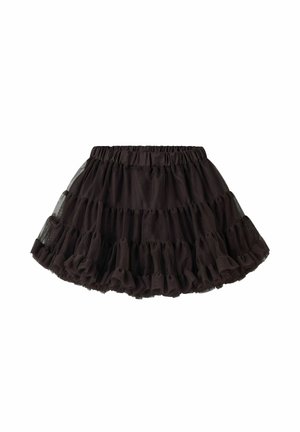 Jupe courte en tulle noir superposée avec taille élastique et ourlet à volants.