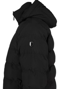 Black puffer jacket with a hood, featuring quilted sections, a smooth texture, and a black shield logo on the left sleeve.