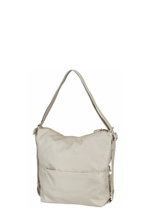 Sac à épaule beige en tissu texturé, doté d'une fermeture éclair, d'une bandoulière réglable et d'une poche frontale pour le rangement.