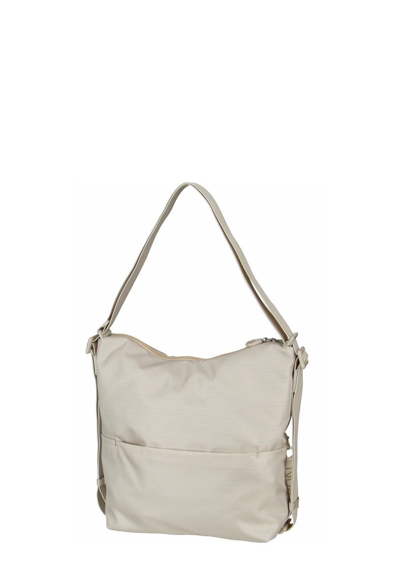 Borsa a spalla beige realizzata in tessuto testurizzato, dotata di chiusura con zip, tracolla regolabile e tasca frontale per riporre gli oggetti.