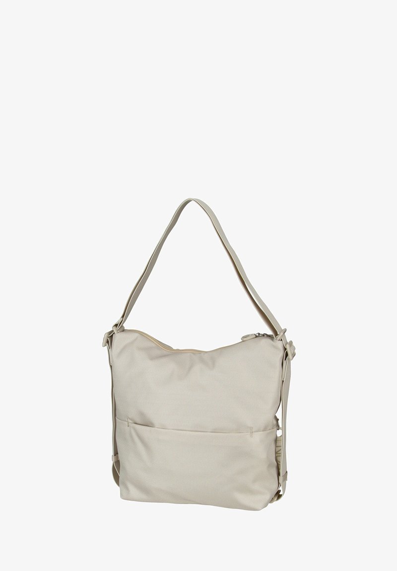 Borsa a spalla beige realizzata in tessuto testurizzato, dotata di chiusura con zip, tracolla regolabile e tasca frontale per riporre gli oggetti.