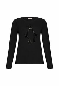 T-shirt nero a maniche lunghe con design di un pinguino realizzato in paillettes nere. Il collo è rotondo e il tessuto è liscio.