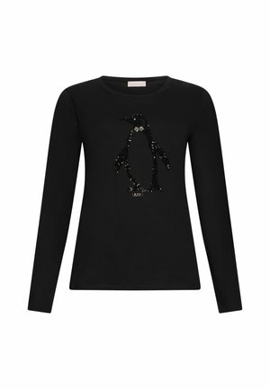 Zwarte longsleeve t-shirt met een pinguïnontwerp gemaakt van zwarte pailletten. De halslijn is rond en de stof is glad.