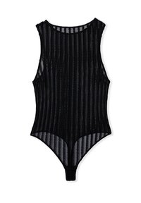 Zwart bodysuit met een verticale gestreepte ontwerp, mouwloos, met een ronde halslijn en een transparante textuur. Heeft een hoge uitsnijding bij het been en een minimalistische stijl.