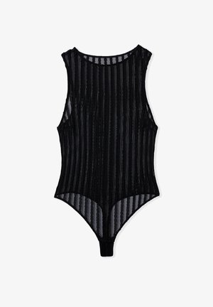 Bodysuit negro con diseño de rayas verticales, corte sin mangas, escote redondeado y textura ligera. Presenta un corte alto en la pierna y un estilo minimalista.