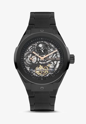 Melna nerūsējošā tērauda skeleta pulkstenis ar redzamām zobratēm, rožu zelta akcenti uz rādītājiem un teksturēta aproce. Iekļauj zilu un zelta akcentu.