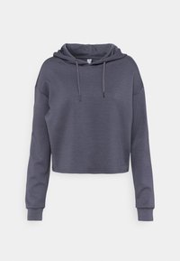 Cropped hoodie in dark gray fabric with a soft texture, featuring a wide hood, drawstrings, and long sleeves with ribbed cuffs.