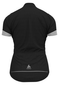 Maillot de cyclisme noir à manches courtes avec une finition en maille texturée, accents réfléchissants gris sur les manches, logo dans le bas du dos et ourlet arrondi.