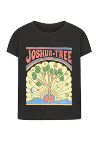 Black t-shirt featuring a retro graphic of a Joshua tree, surrounded by a sunburst design, planets, and stars in yellow, green, and red colors.
