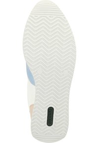 Suela de zapatilla blanca con patrón de zig-zag; presenta acentos en azul claro y beige; logo "remonte" en el talón; material de goma suave.