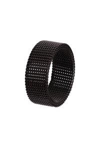 Braccialetto in rete nera con un design flessibile e intrecciato. Presenta una superficie liscia e bordi regolari, offrendo un aspetto contemporaneo.