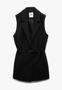 Zwarte mouwloze vest met reverskraag, op maat gemaakt ontwerp, cinched taille met een riem, voorzien van een sluiting met één knoop en een gladde stofafwerking.