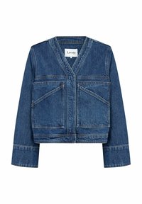 Jeans jakna v temno modri barvi, z V-izrezom in dvema velikima sprednjima žepoma. Vsebuje kontrastno šivanje in dolge rokave.
