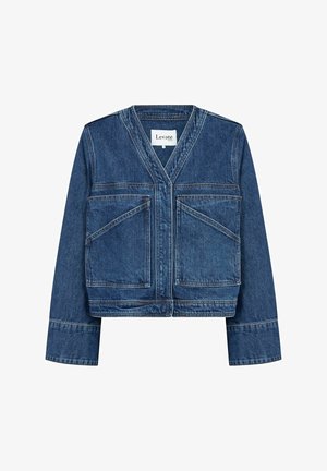 Jeans jakna v temno modri barvi, z V-izrezom in dvema velikima sprednjima žepoma. Vsebuje kontrastno šivanje in dolge rokave.