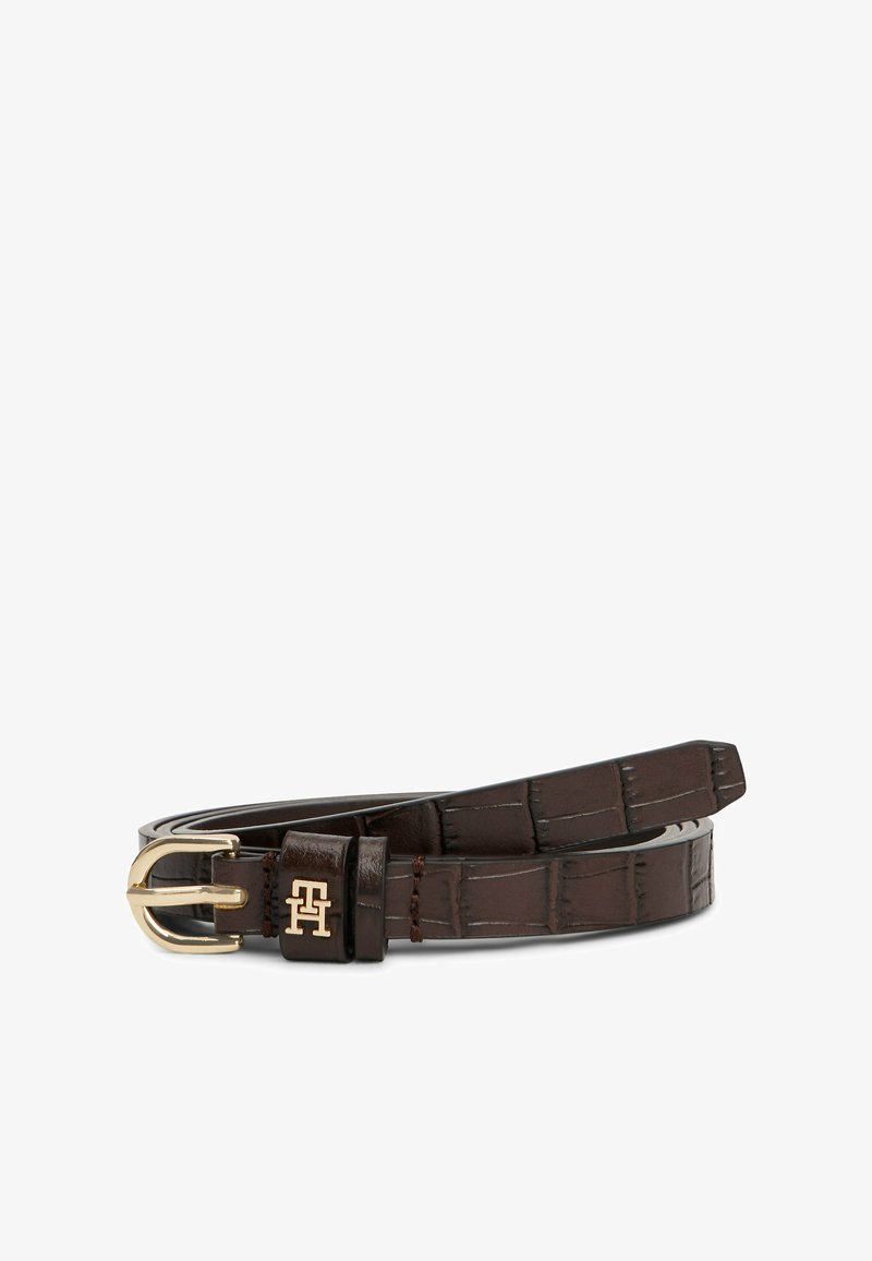 Brown leather belt with crocodile pattern, featuring a gold-tone metal buckle and logo detail on the leather strap near the buckle.