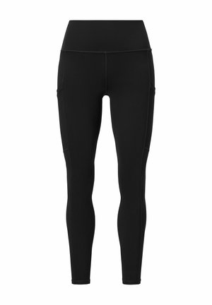 Black stretch leggings with a high waistband, side pockets, and flat seams for comfort. Simple, form-fitting design with a smooth texture.