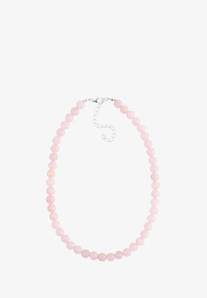 Rose quartz bead necklace with a silver clasp and extension chain. Features evenly sized round beads in a soft pink hue.