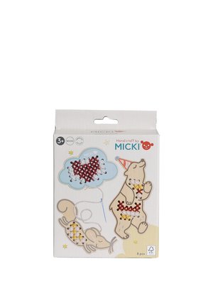 Children's embroidery kit with bear, cloud, and squirrel shapes, featuring colorful stitching and a plastic needle on packaging.