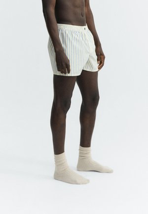 Mužský model stojí, oblečený v bielych boxerkách s tenkými modrými vertikálnymi pruhmi a krémových rebrovaných ponožkách, na jednoduchom svetlom pozadí.