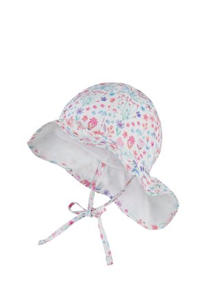 White baby sun hat with pink, purple, and blue floral print, wide brim, and tied chin straps.