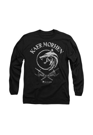 Black long-sleeve t-shirt featuring a white graphic of a wolf's head, text "KAER MORHEN," swords, and "SCHOOL OF THE WOLF," from The Witcher.
