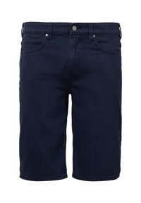 Marineblauwe denim shorts met een klassieke vijfzakkenontwerp, sluiting met een knoop aan de voorkant en rechte pijpen. Soepele textuur en gestikte accenten.