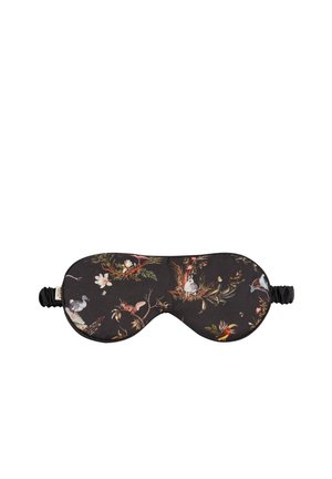 Must mustriga silmade mask musta kangaga, millel on lille- ja looduspilt, sealhulgas linnud ja puude oksad. Pehme materjal ja elastne rihm.