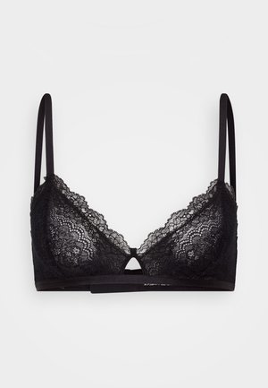 Black lace bra with triangular cups, featuring a small keyhole detail at the center and thin adjustable straps. Soft fabric with intricate patterns.