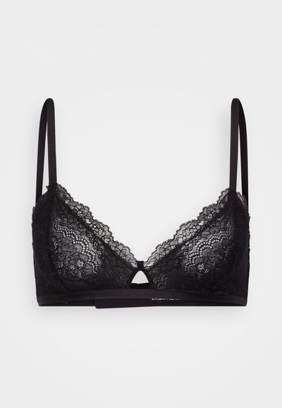 Black lace bra with triangular cups, featuring a small keyhole detail at the center and thin adjustable straps. Soft fabric with intricate patterns.