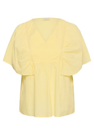 Blouse jaune clair avec manches courtes bouffantes, encolure en V, détails en dentelle et tissu froncé sous la poitrine pour une coupe ample.