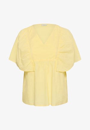 Blusa de color amarillo claro con mangas cortas abullonadas, escote en V, detalles de encaje y tela fruncida debajo del busto para un ajuste holgado.